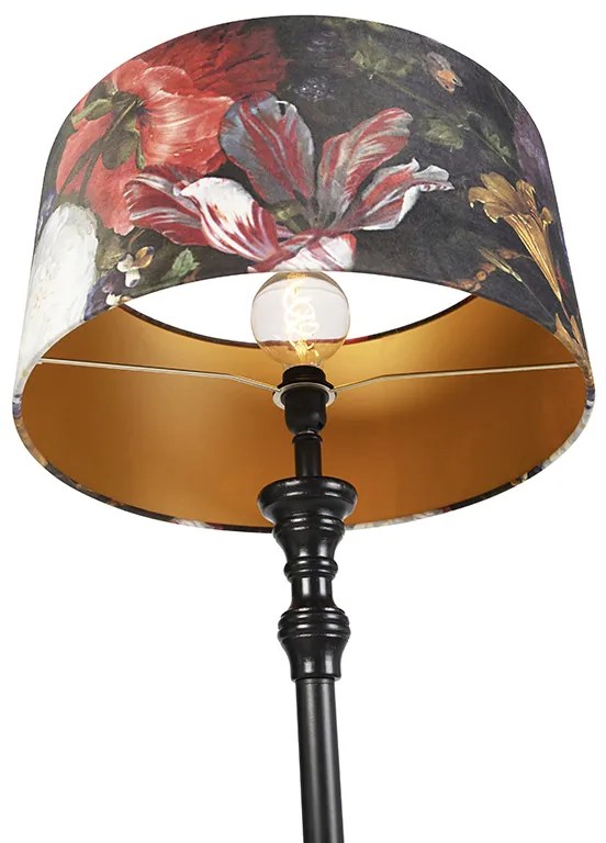 Lampa stojąca czarna z abażurem z aksamitu kwiaty złoto 50 cm - Classico klasyczny/Antyczny Oswietlenie wewnetrzne