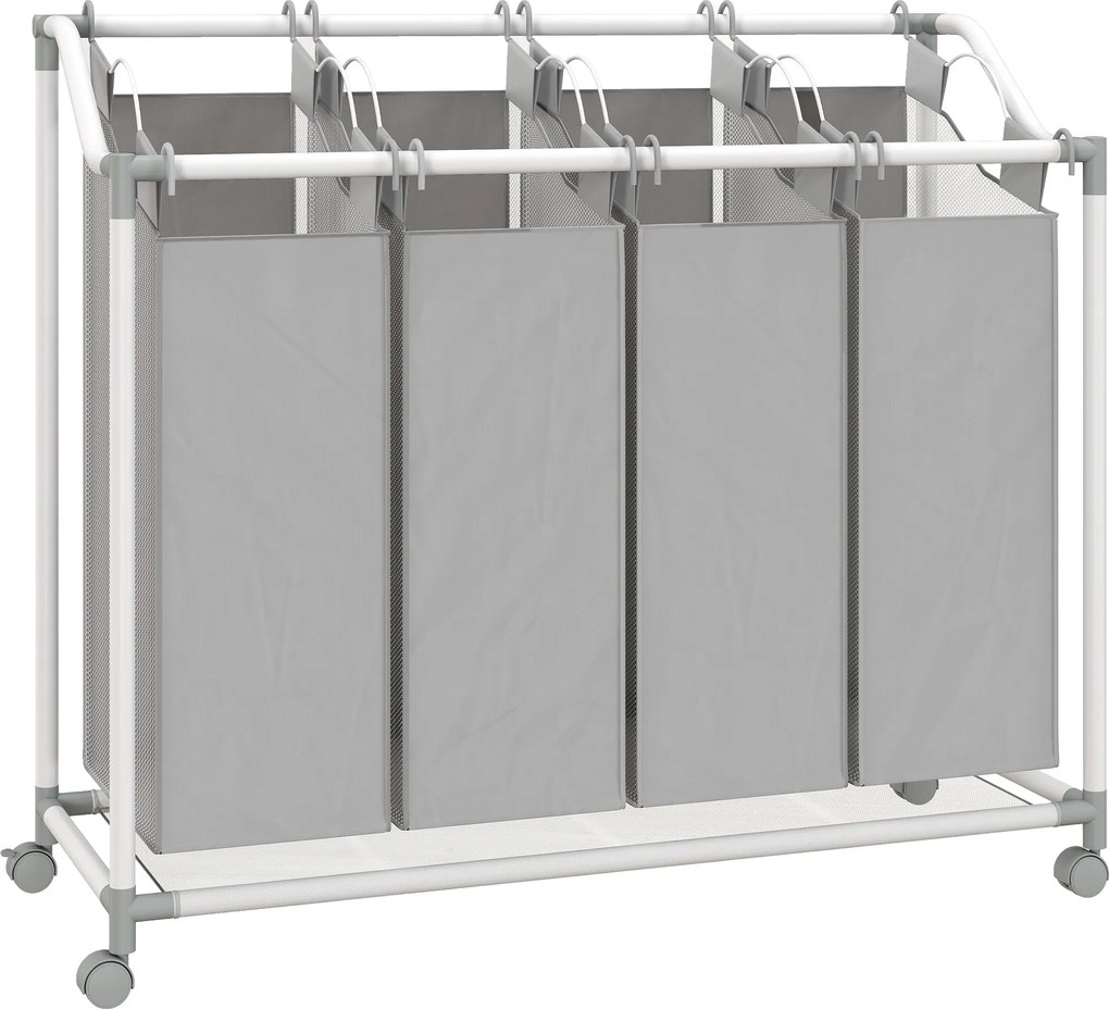 HOMCOM Kosz na pranie z 4 przegródkami 160 L z kółkami, wyjmowany worek na pranie, 97 x 38 x 81 cm, Szary