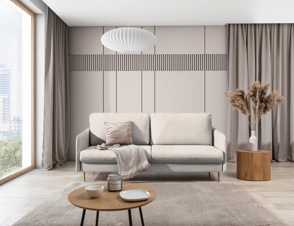 Kanapa z funkcją spania Taila - beżowa plecionka Loft 01 / złote nogi