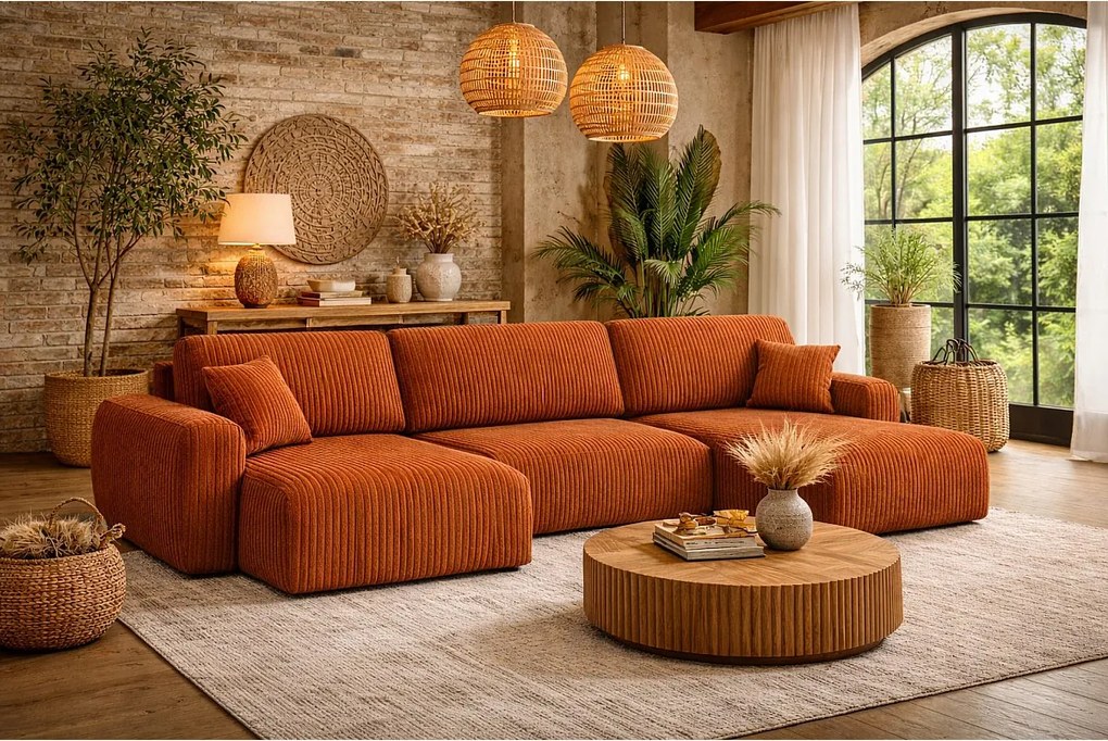 Narożnik w kształcie U z funkcją spania i pojemnikiem Ivo U, tkanina sztruksowa Poso, Miedziany