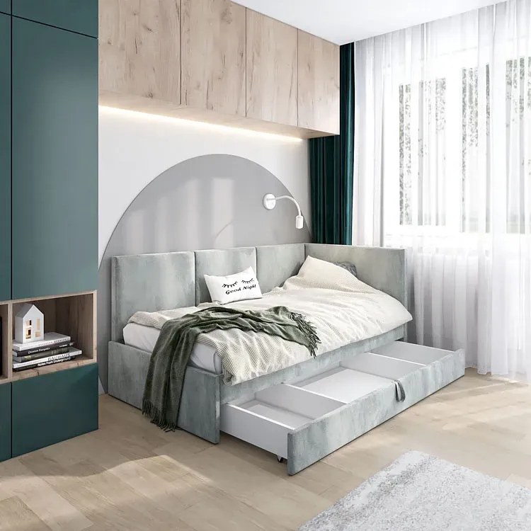 Popielate łóżko dziecięce z pojemnikiem H2-M09