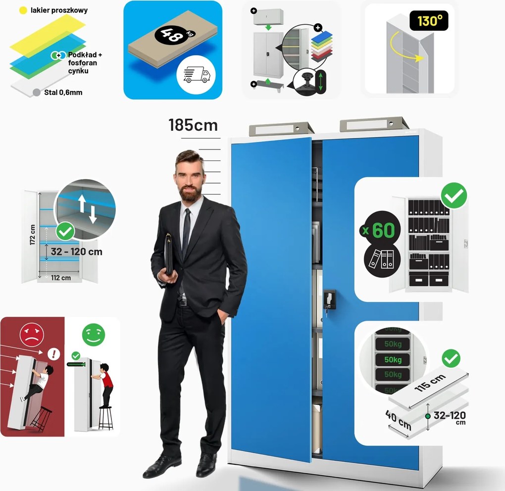 Szafa biurowa na akta szeroka Jan II 115x40x185 cm szary/niebieski