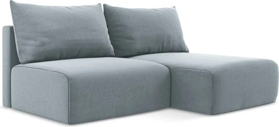 Niebieski aksamitny rozkładany narożnik ze schowkiem (prawostronny/z szezlongiem) Kalena – Makamii