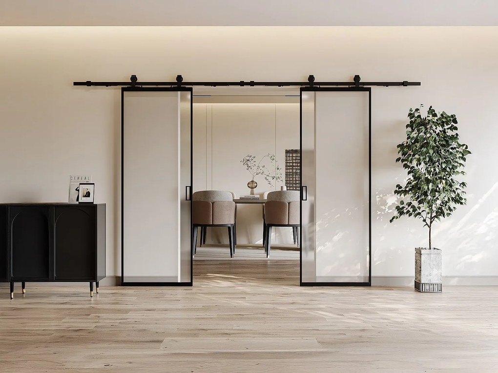 Drzwi przesuwne naścienne podwójne - aluminium i matowe szkło hartowane - 2 x wys. 205 x szer. 73 cm - LINCI II