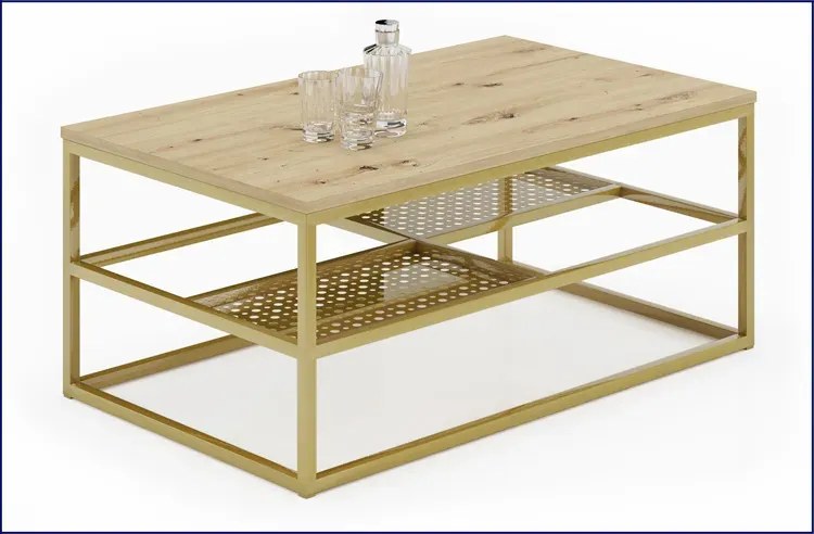 Ława z półkami w stylu glamour dąb artisan + złoty - Hila 3X
