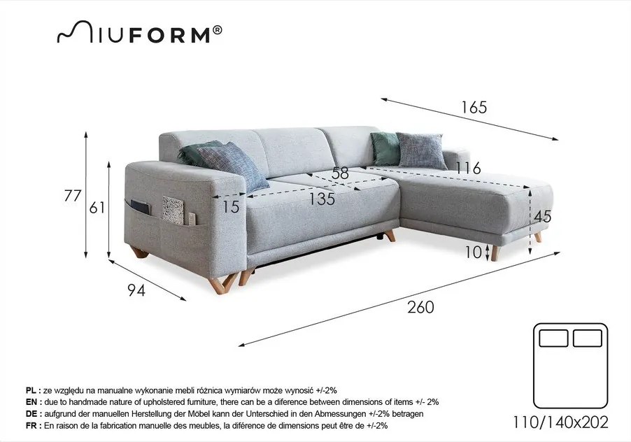 Antracytowy rozkładany/ze schowkiem narożnik Classy Sophie – Miuform