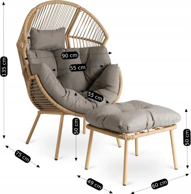 Fotel Ogrodowy z Podnóżkiem PORTLAND Kokon Wypoczynkowy Szary Nowoczesny Boho