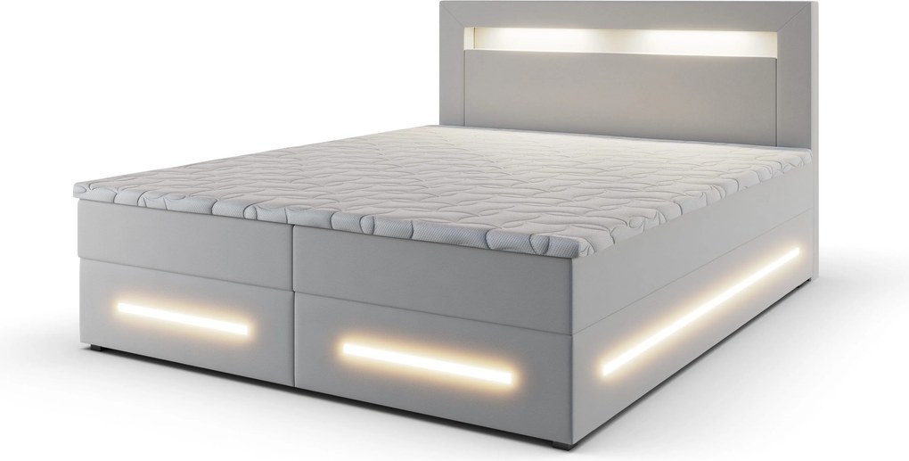 Nowoczesne łóżko kontynentalne MANU 160X200 cm, Biała ekoskóra MADRYT 920, z podświetleniem LED i wygodnym materacem