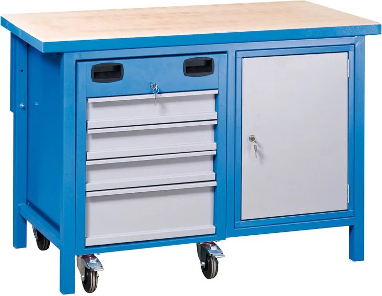 Stół warsztatowy GD z ruchomą skrzynką narzędziową, 4 szuflady, 1 szafka, 1190 x 600 x 850 mm, szary
