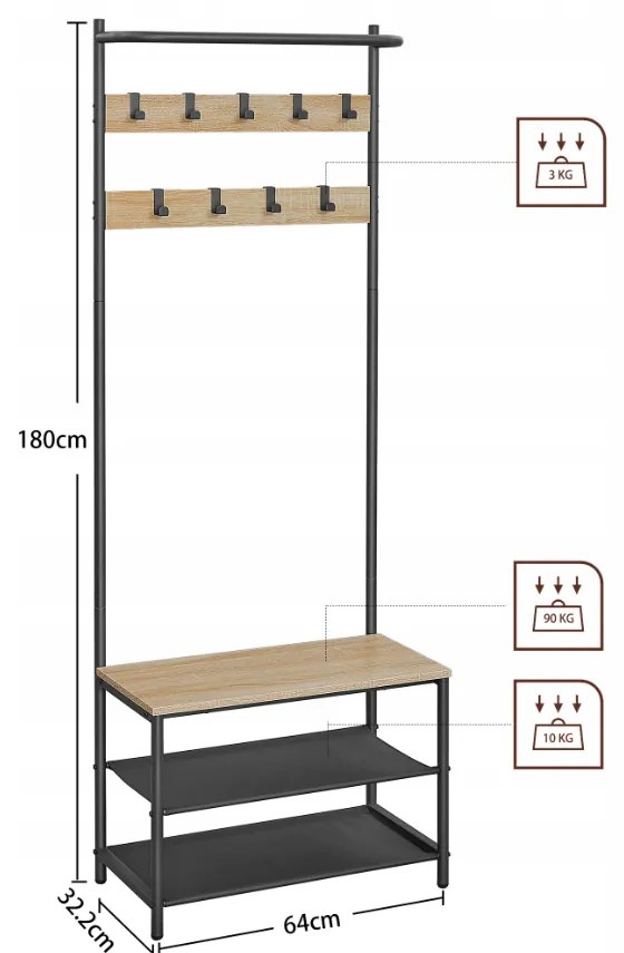 Metalowa ściana przedpokoju LOFT 180 cm, czarna/dąb sonoma