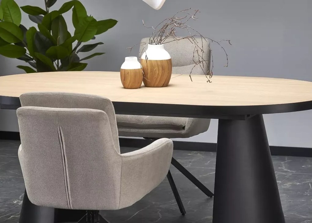 Nowoczesny rozkładany stół owalny Heksagon 180-230/100 cm z blatem MDF w kolorze dębu na czarnych metalowych nogach
