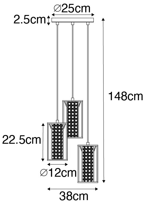 Orientalna lampa wisząca czarna z rattanu 3-światłowa okrągła - Akira