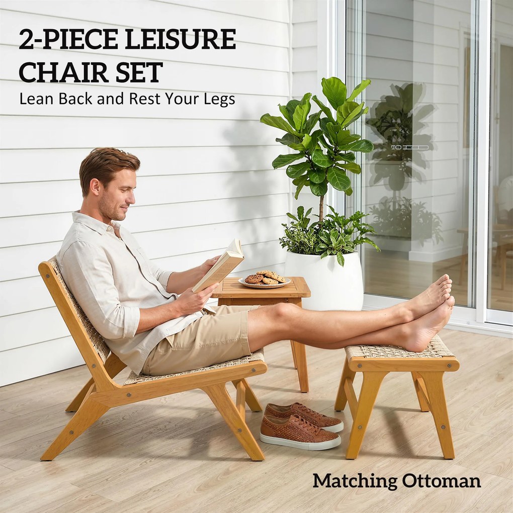 Outsunny Fotel ogrodowy z podnóżkiem 2-częściowy FSC Drewno akacjowe Fotel wypoczynkowy z siedziskiem rattanowym Styl boho Regulowane nóżki | Aosom PL