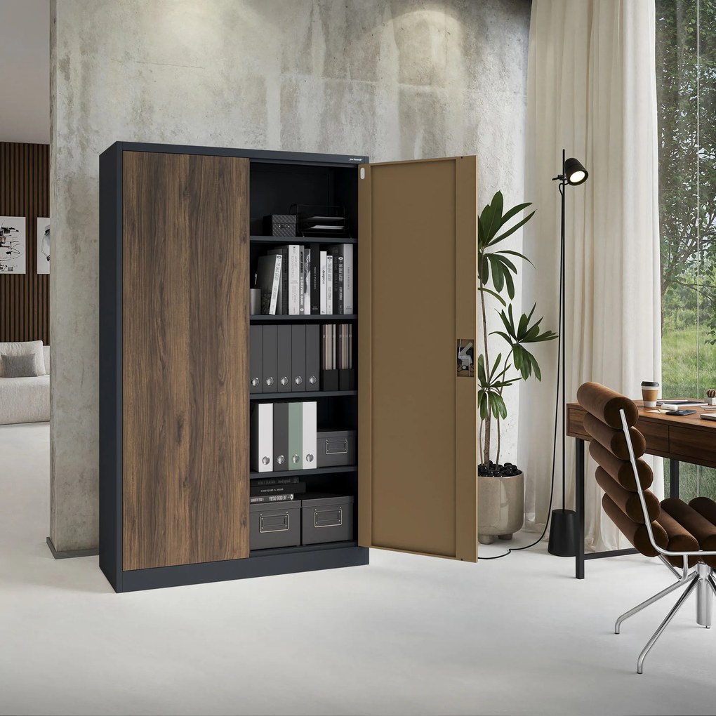 Szafa biurowa metalowa na akta, szeroka, antracyt/orzech, 1150x1850x400 mm: JAN II Eco Design