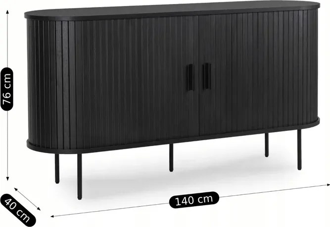 Komoda do Salonu Rozsuwana TRISH 140 cm Czarna Dwudrzwiowa Ryflowana Japandi