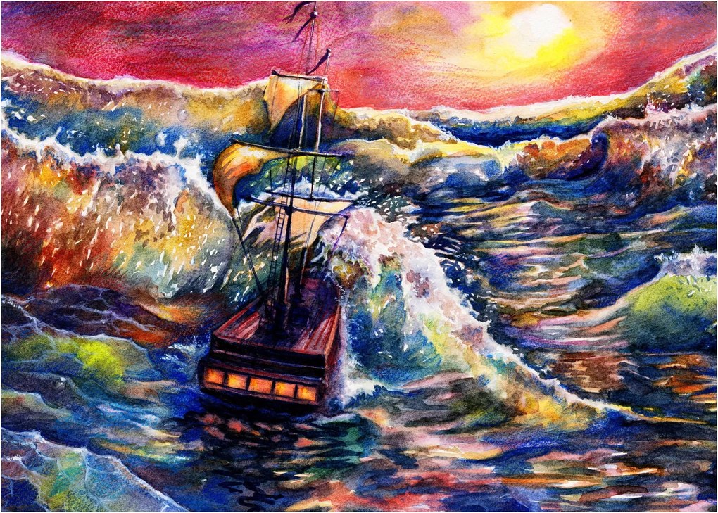 Obraz - Statek na falach oceanu, akwarela (70x50 cm)