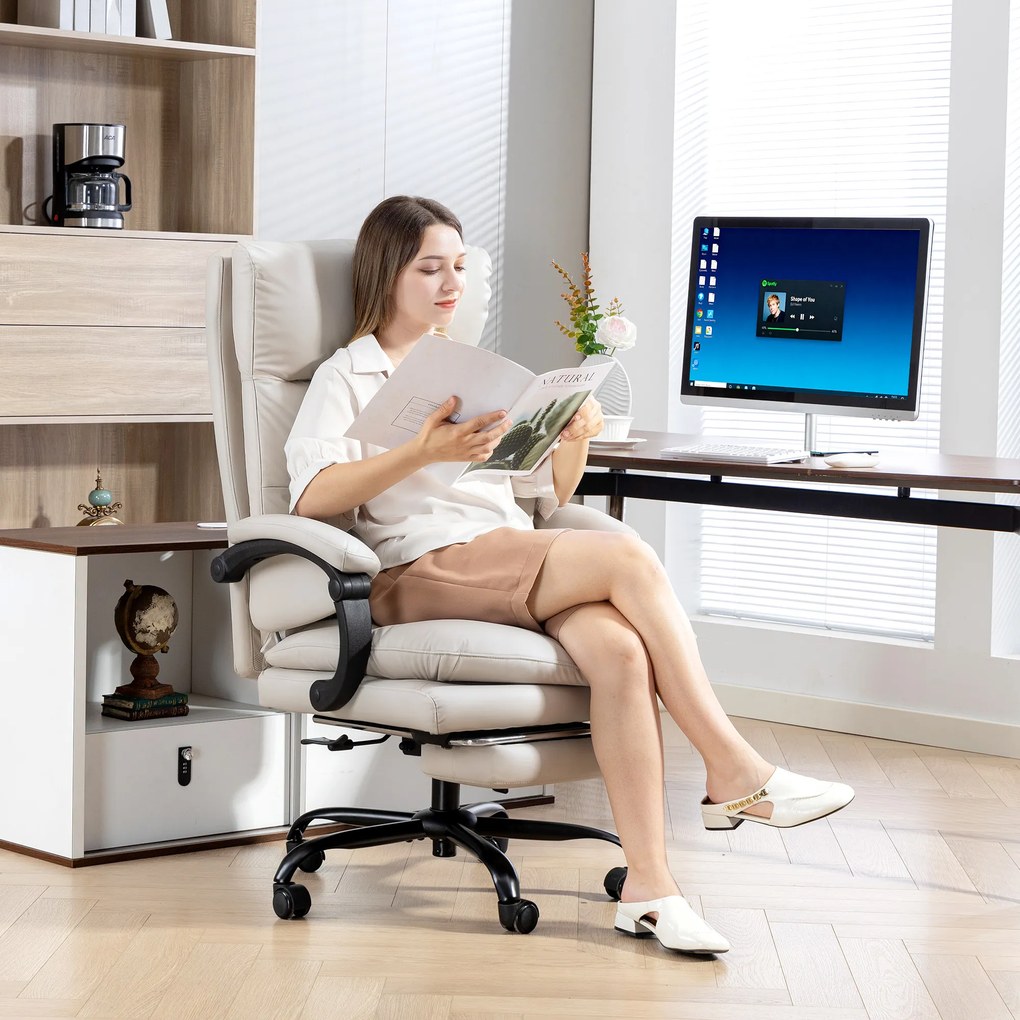 HOMCOM Fotel biurowy regulowany wysokościowo krzesło do biurka z podparciem lędźwiowym, podłokietnikami, podpórką na stopy, z ekoskóry, jasnoszary