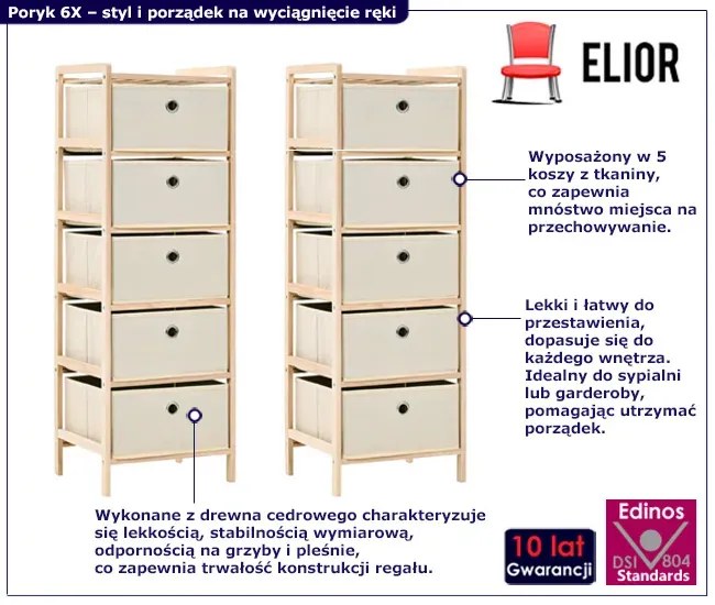Komplet drewnianych regałów z 5 koszami z tkaniny - Galius 6X