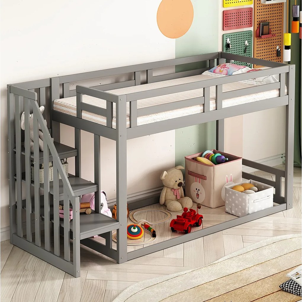Łóżko piętrowe 90x200 cm - łóżko dziecięce z drabinką i barierką - szare drewno - materac nie jest wliczony w cenę