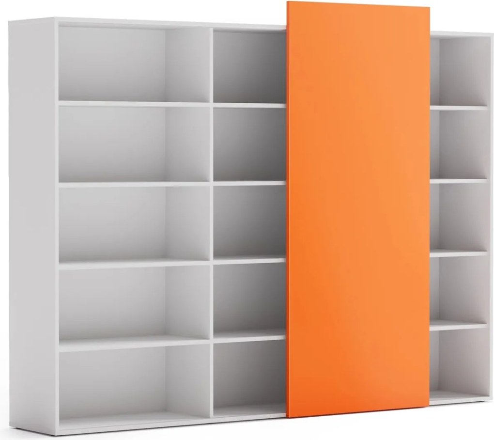 Regał biurowy z przesuwnym panelem BLOCK, 2390 x 400 x 1748, Biały / pomarańczowy