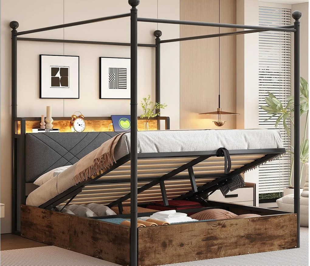Łóżko podwójne z pojemnikiem 140x190 cm - z metalowym baldachimem - Wyjmowane słupki łóżka - z LED i portem USB/Type-C - Czarny