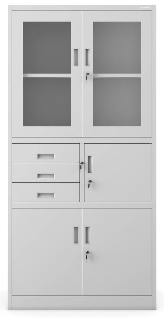 Szafa biurowa metalowa z sejfem, szklane drzwi, szara, 900x1850x400 mm: FILIP