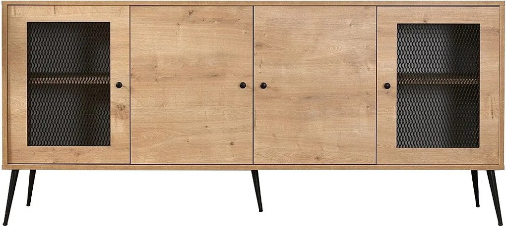 Elegancka dębowa komoda z metalowymi nogami, 180 x 41 x 81 cm | Płyta wiórowa powlekana w 100%, osłona z drutu | Idealna do nowoczesnych salonów i wej