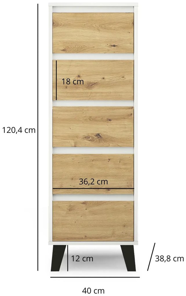 Wąska komoda z 5 szufladami biały + dąb artisan E2-S22