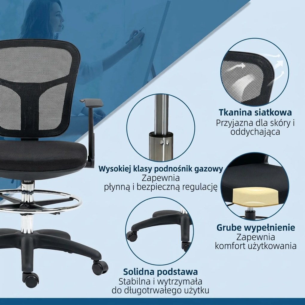 Vinsetto Krzesło do Rysowania Ergonomiczne Obrotowe Regulacja Wysokości Czarne | Aosom PL