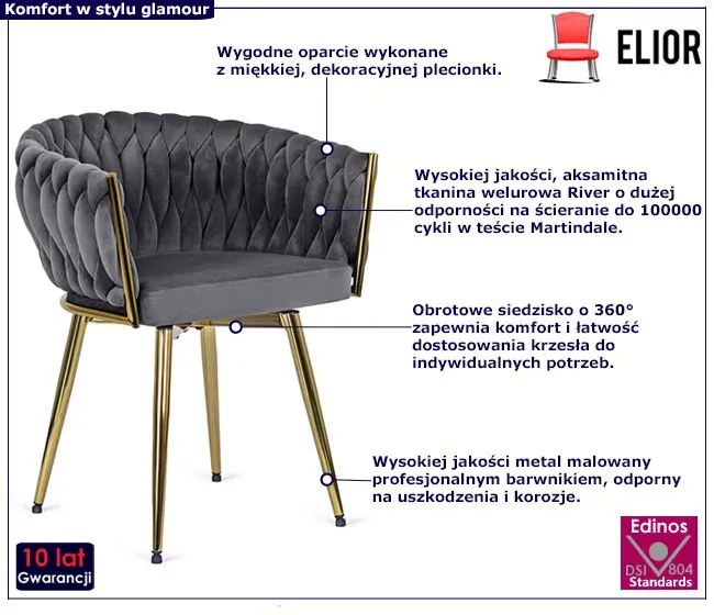 Szare obrotowe krzesło welurowe glamour M8-G37