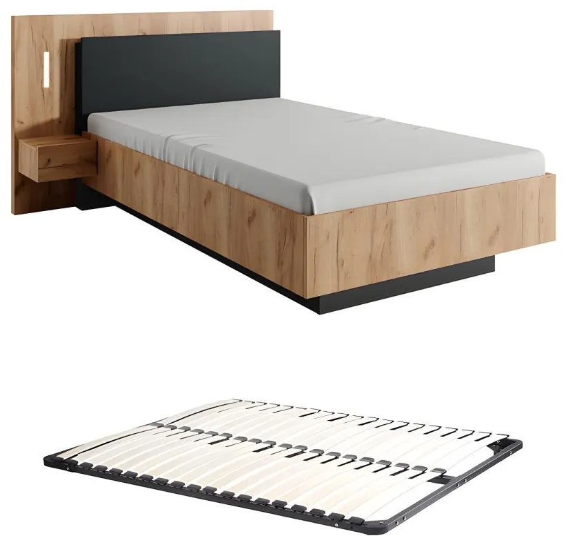 Łóżko z szafkami nocnymi 120 x 200 cm - 2 szuflady - Z oświetleniem LED - Naturalny i antracytowy + Stelaż - FRANCOLI
