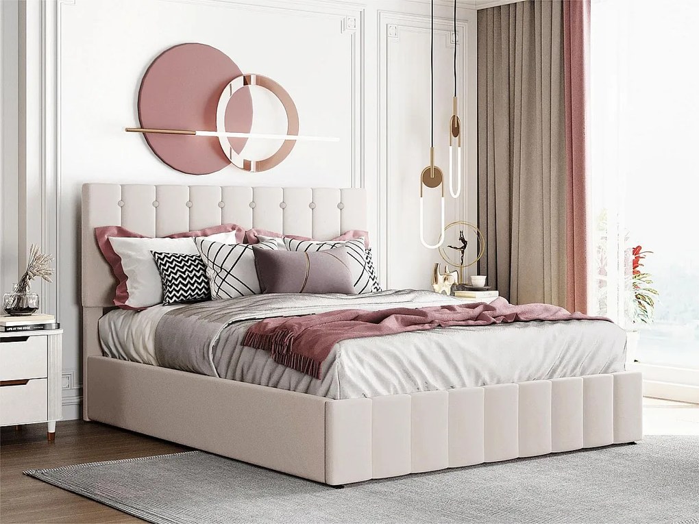 Łóżko z tapicerowanym stelażem - 140x200cm - materiał aksamitny - Beżowy