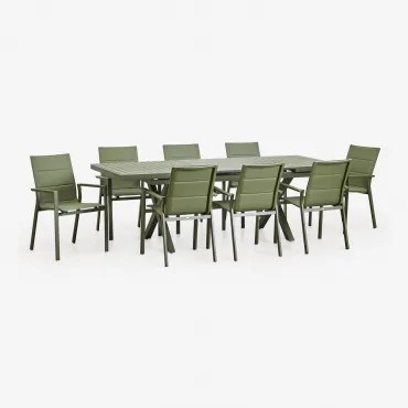 Zestaw Stołu Prostokątnego 180-240x90 Cm Rozkładanego Oraz 8 Sztaplowanych Krzeseł Ogrodowych Z Podłokietnikami Z Aluminium Kare Intensywny Verde Oliv