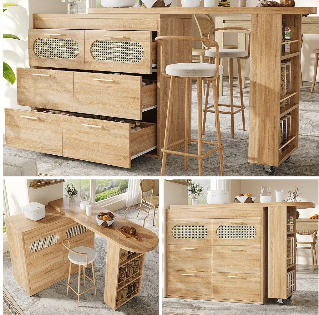 Stół barowy obrotowy 360° - 128/203 x 39 x 90 cm - z półkami + 6 szufladami i drzwiami z rattanu - MDF + metal - naturalny