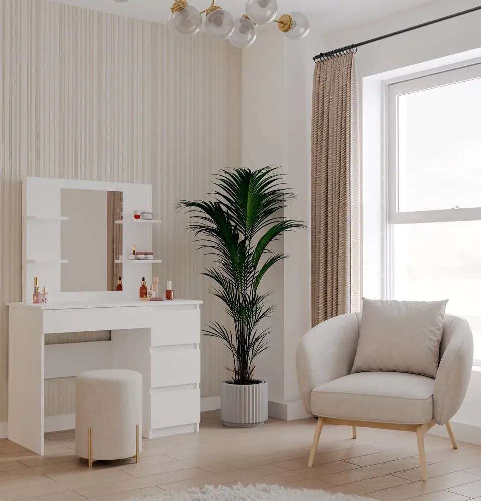 Biała prawostronna toaletka z lustrem i regałem  W4-Z10