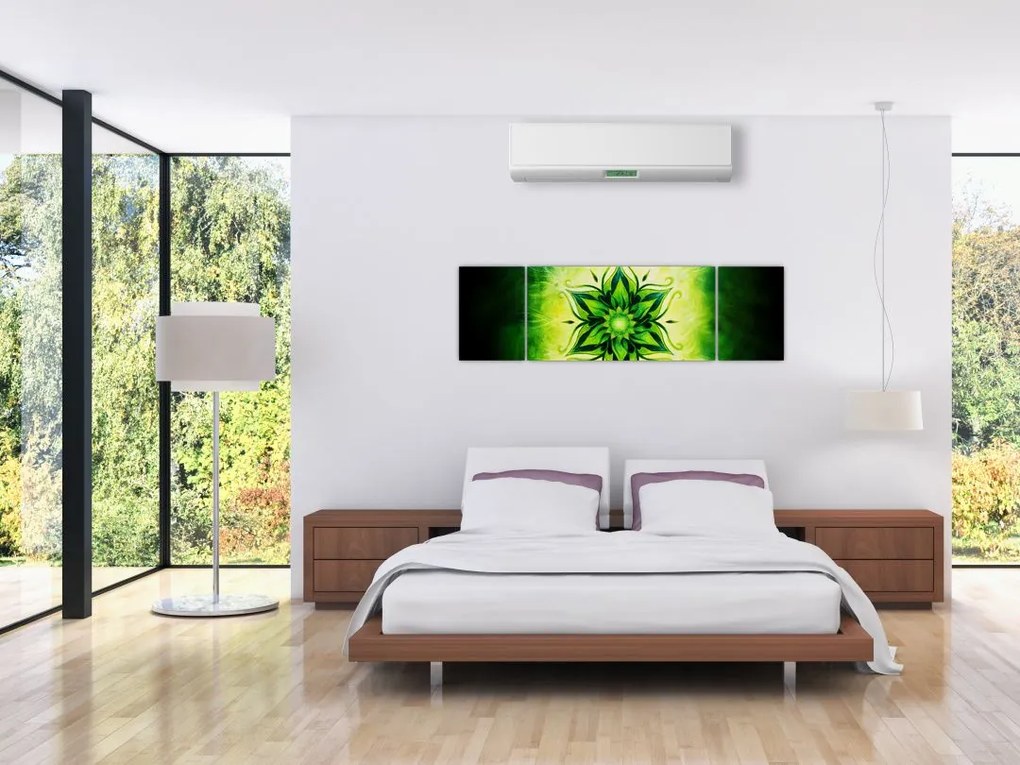 Obraz - Kwiatowa mandala na zielonym tle (170x50 cm)
