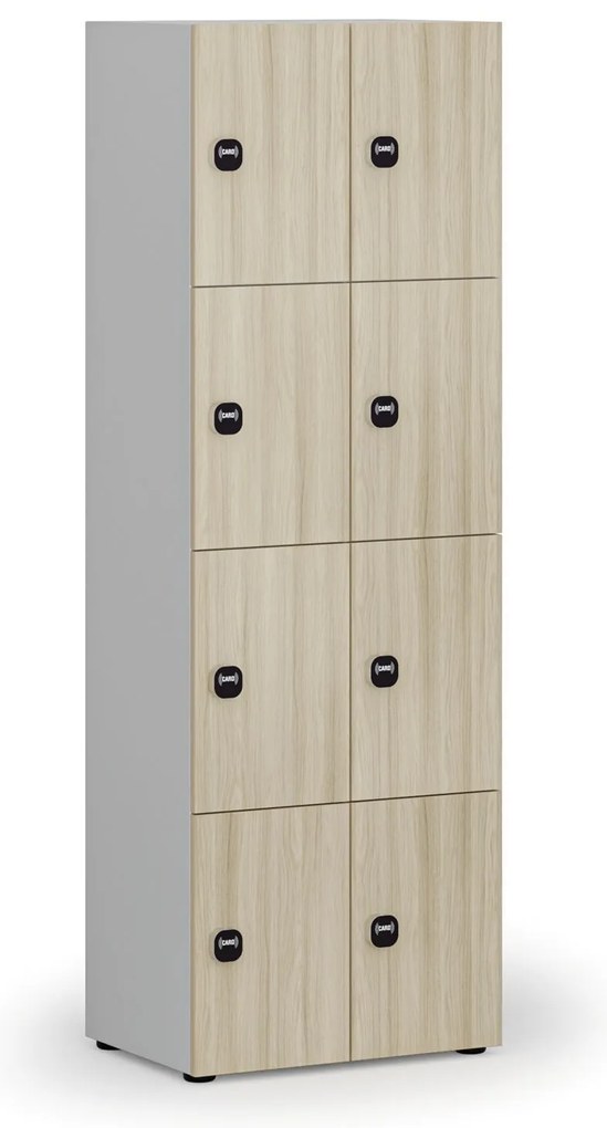 Drewniana szafka skrytkowa S4, 8 schowków, demontaż, zamek RFID, szary/dąb naturalny