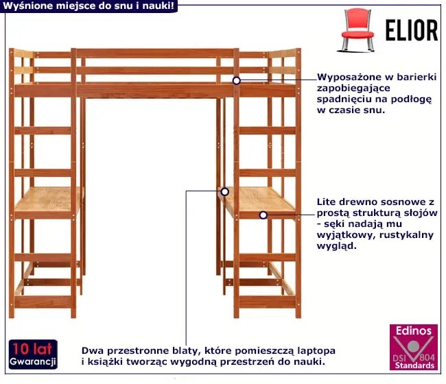 Drewniane łóżko piętrowe z biurkiem na dole brąz 180x200 F6-K01