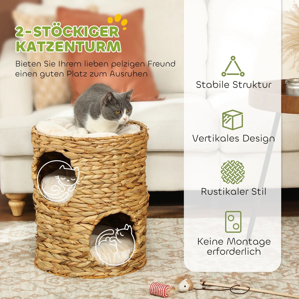 PawHut Drapak 50 cm, 2 jaskinie, poduszka, beczka dla kota z hiacyntu wodnego, Jasnobrązowy