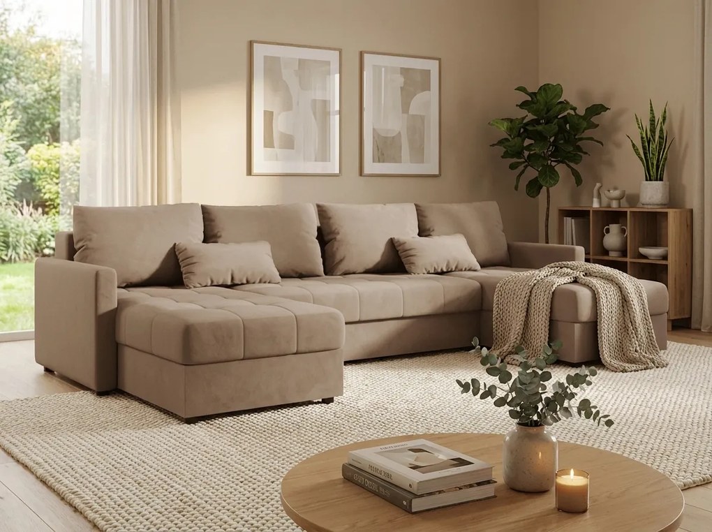 Rozkładana sofa narożna w kształcie U VENORIA 285x146 cm, beżowa + 2 poduszki GRATIS