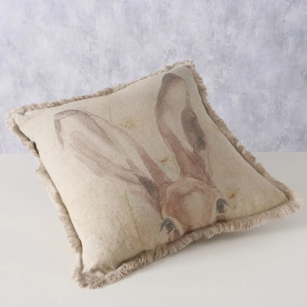 Poduszka dekoracyjna z frędzlami RABBIT, lniana, 45 x 45 cm