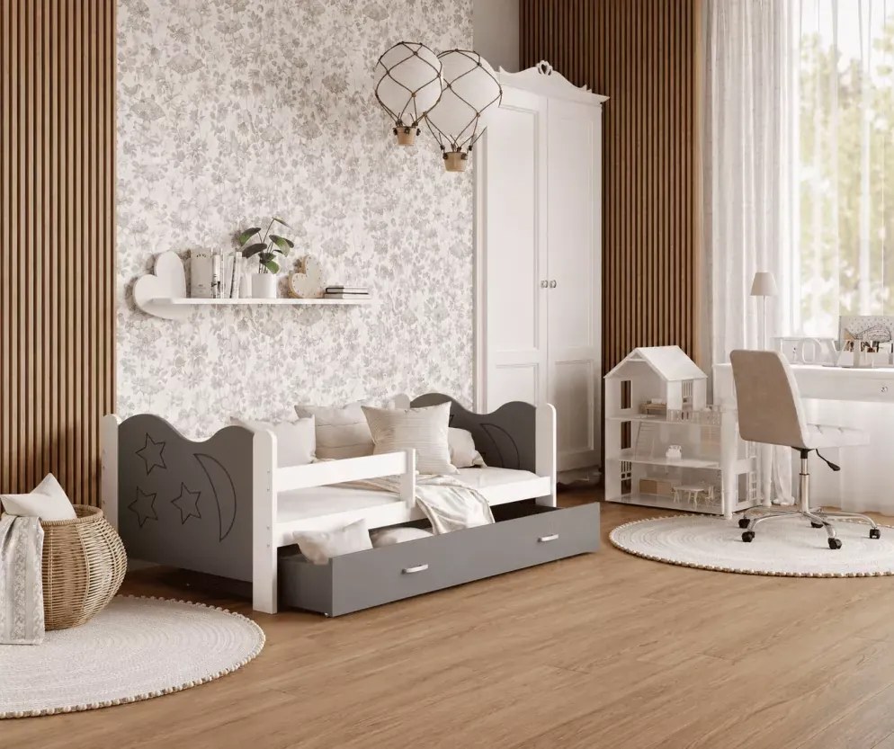 Łóżko dziecięce Lyon 80x160 80x190 z szufladą barierką stelażem Flex gwiazdki księżyc