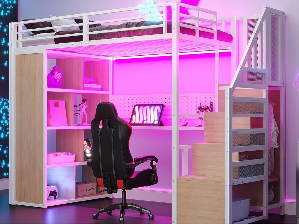 Łóżko na antresoli metalowe 90x200 cm - z otwartym wieszakiem i przegródkami do przechowywania - z biurkiem i drabiną - z taśmą LED - biały