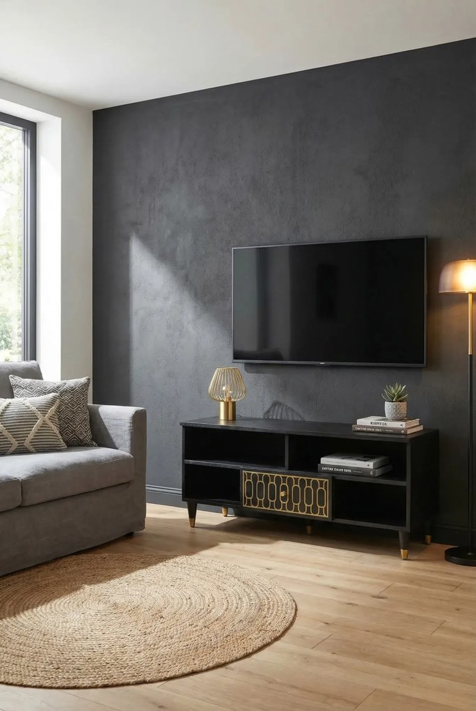 Czarna drewniana szafka RTV z szufladą F0-K66