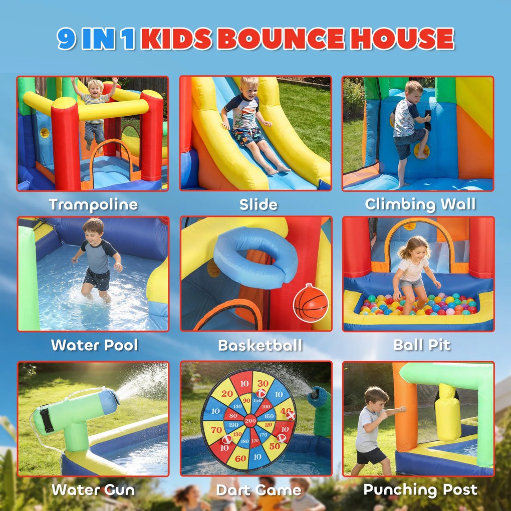 AIYAPLAY 9-w-1 Dmuchana zjeżdżalnia z pompką, ze zjeżdżalnią, basenem i pistoletem na wodę dla dzieci 3-8 lat, 330x290x185 cm, wielokolorowa | Aosom PL