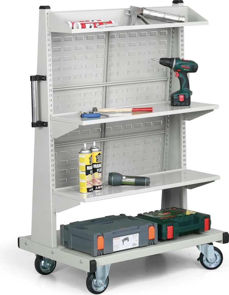 Mobilny stojak na pojemniki i narzędzie, ściana perforowana, 3 półki, pusty