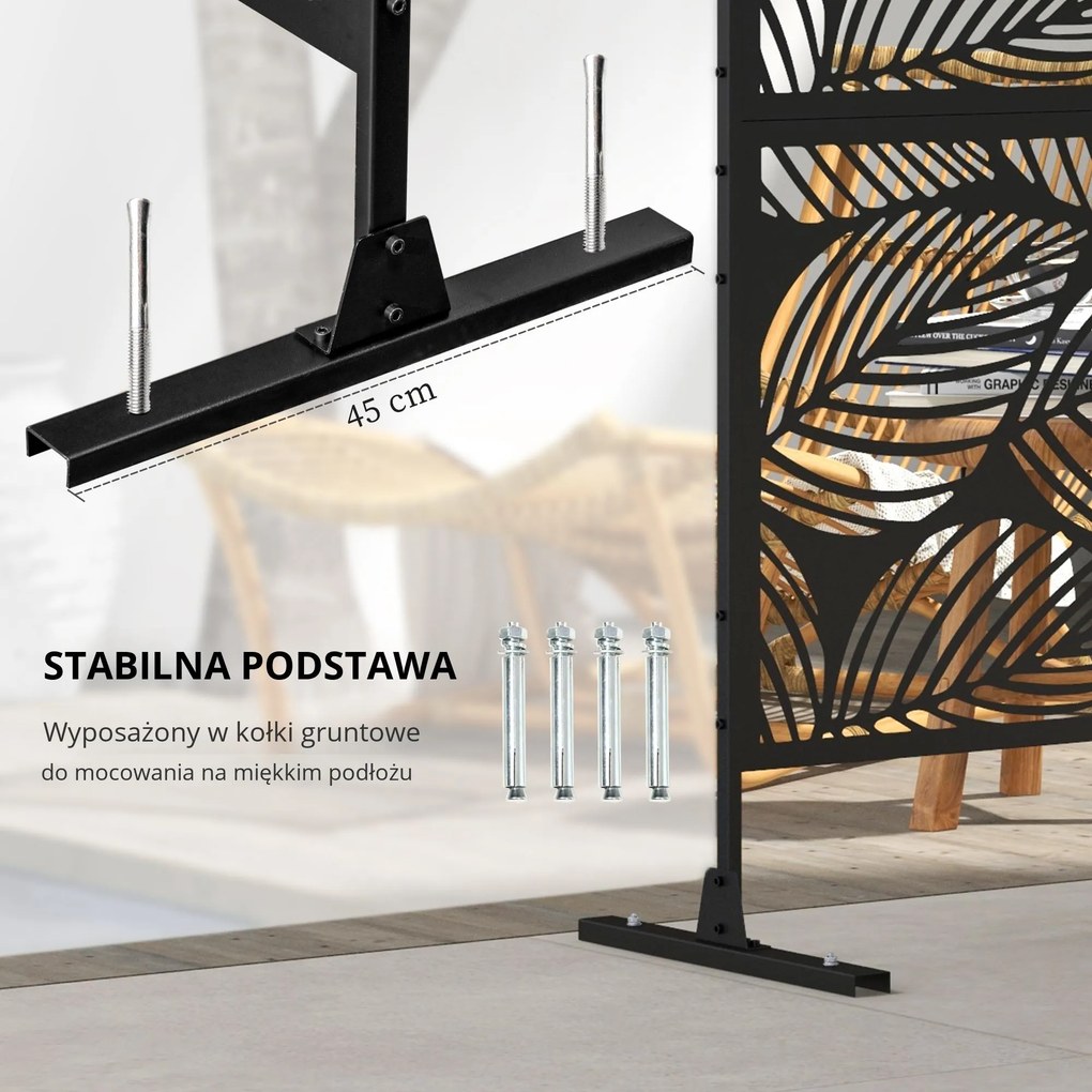 Outsunny Parawan Ogrodowy Metalowy z Motywem Floralnym, 122 x 45 x 198 cm, Czarny | Aosom PL