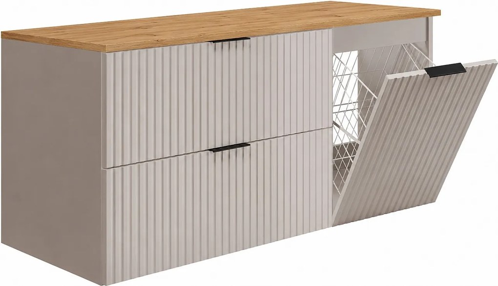Zestaw mebli łazienkowych z koszem i blatem, czarne uchwyty, kaszmir/jasny dąb, 120 x 46 x 58,6 cm