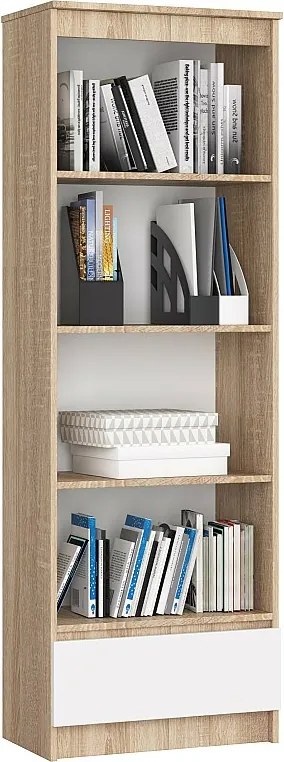Regał AKORD R60 Dąb Sonoma 60 cm 1 szuflada kolor Biały mat 4 półki 60x35x180 cm