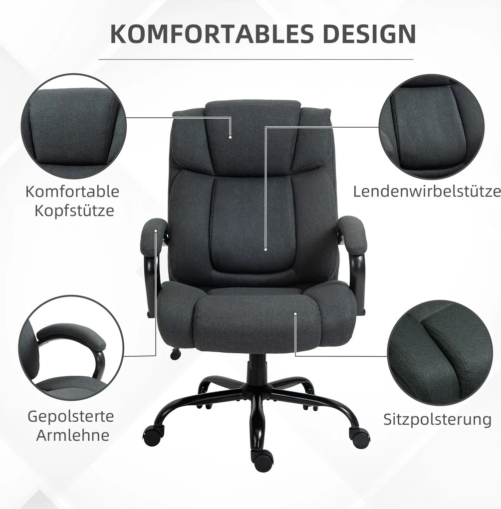 Vinsetto Fotel biurowy, Ergonomiczny fotel biurowy, Fotel obrotowy z wyściełanym podłokietnikiem, do 220 kg, Szary